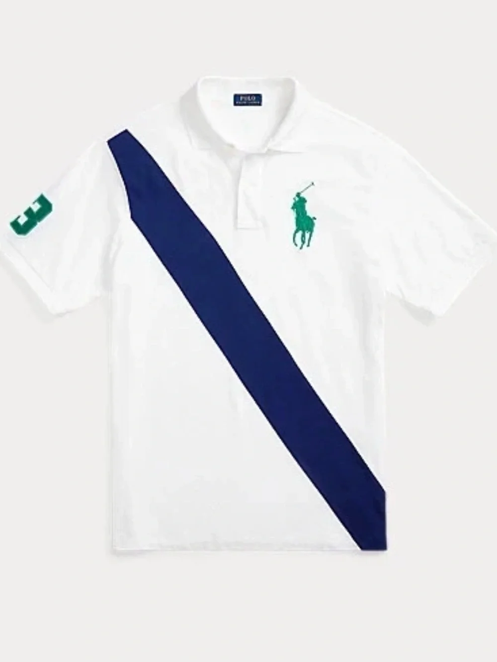 Ralph Lauren White Polo with Navy Diagonal Stripe and Green Logo
